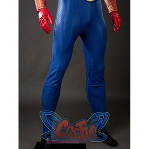 The Boys Homelander cosplay bodysuit trouser detail follows blue printed texture down the front legs.