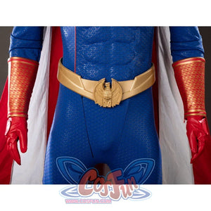 The Boys Homelander cosplay costume waist detail anchors red gloves beside the gold eagle belt.