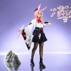 COSFUN Honkai: Star Rail Evanescia cosplay costume front view shows white outerwear over a black skirt