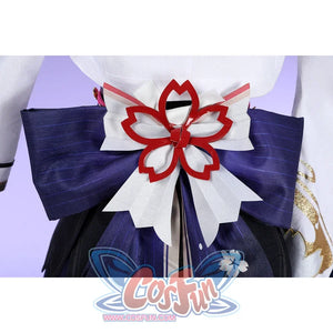 Honkai: Star Rail Evanescia cosplay back bow close-up frames red and white floral layers over purple satin