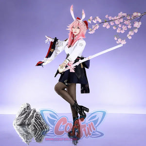 Honkai: Star Rail Evanescia cosplay costume angled view frames wide white sleeves above a black skirt