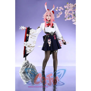 Honkai: Star Rail Evanescia cosplay costume front view spreads white sleeves around a red bow and black skirt