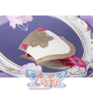 Honkai: Star Rail Evanescia cosplay cuff accessory flat lay shows a white panel edged by pink cords