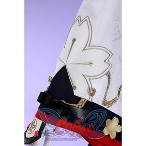 Honkai: Star Rail Evanescia cosplay outerwear side detail shows white fabric edged by red and black trim