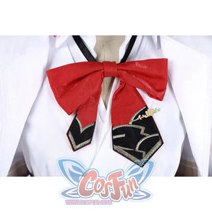 Honkai: Star Rail Evanescia cosplay bow tie close-up centers a red bow over black lapels and white fabric