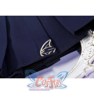 Honkai: Star Rail Evanescia cosplay skirt hem detail shows a small silver-tone emblem on dark fabric