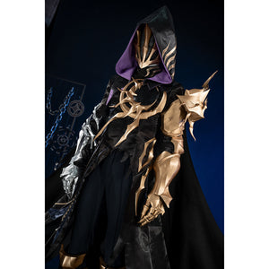 Honkai Star Rail Khaslana cosplay costume side view shows the hooded coat flowing around gold armor