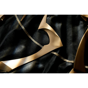 Honkai Star Rail Khaslana cosplay armor trim detail shows a crescent gold accent on black fabric