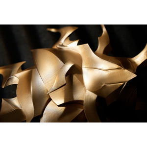 Honkai Star Rail Khaslana cosplay shoulder armor close-up layers gold-tone spikes over black fabric