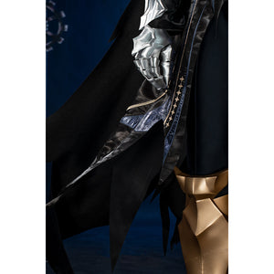 Honkai Star Rail Khaslana cosplay costume side detail shows the silver gauntlet beside layered cape fabric