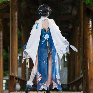 Honkai: Star Rail Ruan Mei cosplay costume turns the white collar cape over a teal back panel and lace cuffs.