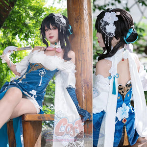 Honkai: Star Rail Ruan Mei cosplay costume pairs seated and back views around lace sleeves and floral hairpiece.