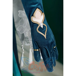 Honkai: Star Rail Ruan Mei cosplay costume glove detail anchors dark teal fabric with gold edging and finger coverage.