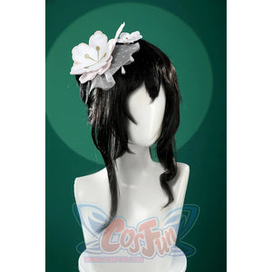 Honkai: Star Rail Ruan Mei cosplay costume headpiece side detail layers white petals, netting, and pearl drops.