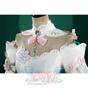 Honkai: Star Rail Ruan Mei cosplay costume upper bodice detail balances a pink bow, white collar, and floral cuffs.
