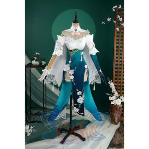 Honkai: Star Rail Ruan Mei cosplay costume centers the teal bodysuit dress, shawl, gloves, and floral trim together.