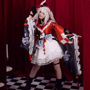 COSFUN Honkai Star Rail Sparxie cosplay costume layers red patchwork sleeves around a white lace skirt.