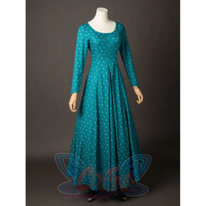 House of the Dragon Alicent Hightower cosplay dress front view falls from a scoop neckline into long teal pleats