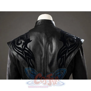 House of the Dragon Daemon Targaryen cosplay robe back shoulder detail spreads black scrollwork over glossy leather