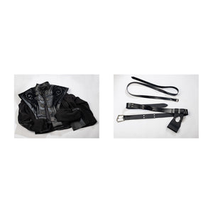 House of the Dragon Daemon Targaryen cosplay costume flat lay arranges the black robe beside twin belt pieces