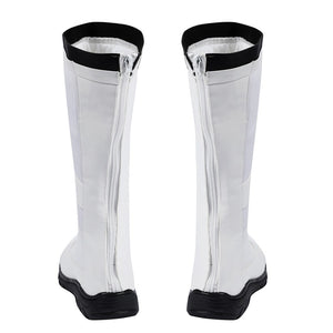 Human Torch Johnny Storm cosplay boots center rear full-length zippers framed by matte white shafts and black soles.