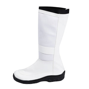 Human Torch Johnny Storm cosplay boots crafted in white matte material beside a black collar trim and a textured shaft.