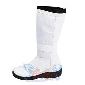Human Torch Johnny Storm cosplay boots crafted in white matte material beside a black collar trim and a textured shaft.