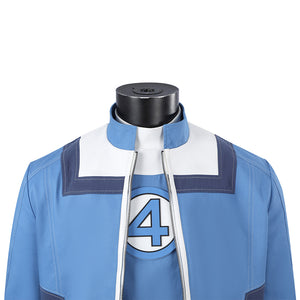 Human Torch Johnny Storm cosplay costume centers a bright blue jacket layered over an inner shirt framing the number four.