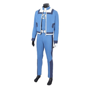 Human Torch Johnny Storm cosplay costume blue jacket layered over pants and gloves mimics the classic hero uniform style.