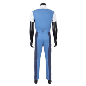 Human Torch Johnny Storm cosplay costume back view highlights the tailored blue jacket and matching straight pants set.