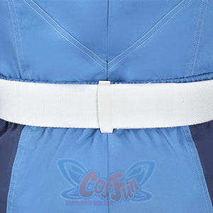 Human Torch Johnny Storm cosplay costume centers a wide white belt across the blue cotton twill fabric of the jacket.