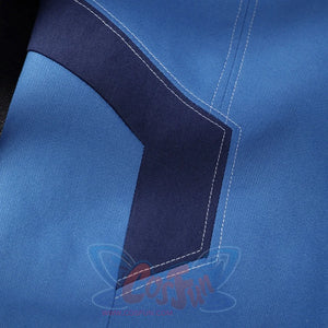 Human Torch Johnny Storm cosplay costume fabric layers blue twill panels secured by clean white decorative topstitching.