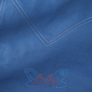 Human Torch Johnny Storm cosplay costume blue cotton twill fabric layers and frames the white double stitched V-shape seam.