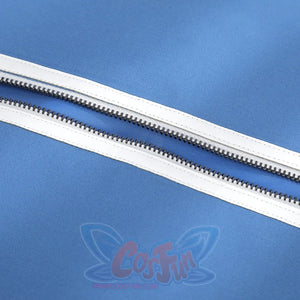 Human Torch Johnny Storm cosplay costume fabric layers gather at a secure silver-tone zipper track on blue textile.