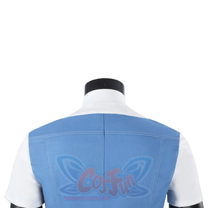 Human Torch Johnny Storm cosplay costume captures the back detail of a blue jacket layered over a white inner shirt fabric.