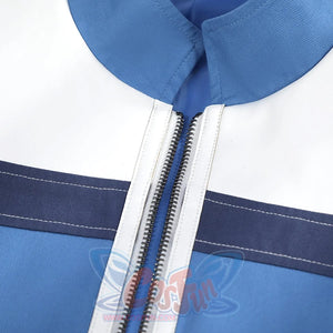 Human Torch Johnny Storm cosplay costume blue and white jacket panels anchor a vertical black zipper center closure detail.