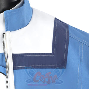 Human Torch Johnny Storm cosplay costume blue jacket panel layers white fabric accents and dark blue stitched edges.