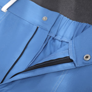 Human Torch Johnny Storm cosplay costume blue pants detail zipper fly and metal snap closure secure the tailored waistline.