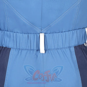 Human Torch Johnny Storm cosplay costume blue pants gathers at the waist area to anchor a central white belt loop detail.