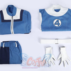 Human Torch Johnny Storm cosplay costume blue and white jacket inner shirt pants belt and gloves.