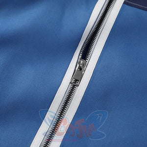 Human Torch Johnny Storm cosplay costume fabric layers blue cotton twill textured material under a silver-tone zip closure.