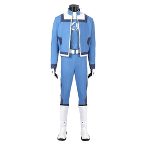COSFUN Human Torch Johnny Storm cosplay costume captures blue fabric layers that center the four emblem on the chest.