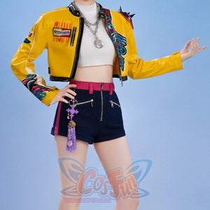 HUNTR/X Rumi cosplay costume upper front view layers a yellow cropped jacket over navy shorts and a purple charm