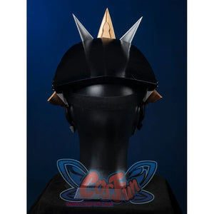 Genshin Impact Il Capitano cosplay helmet back view, black shell with elastic strap and top spikes