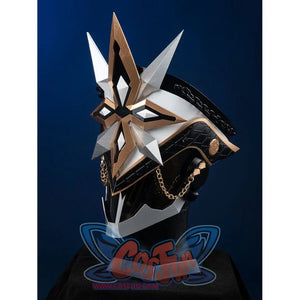 Genshin Impact Il Capitano cosplay helmet left angle, Fatui Captain resin prop with white panels and gold chains