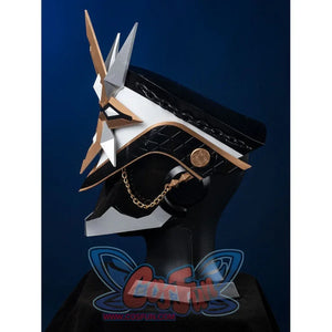 Genshin Impact Il Capitano cosplay helmet side view, black jaw area with gold chain and silver trim resin prop