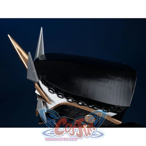 Top close-up of Genshin Impact Il Capitano cosplay helmet, black shell with white side band and gold trim resin prop