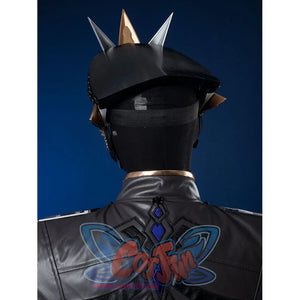 Genshin Impact Il Capitano cosplay helmet worn back view, resin prop with black shell, strap, and blue back detail