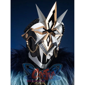 Genshin Impact Il Capitano cosplay helmet worn front view, resin prop with star mask, fur collar, one size 65 cm