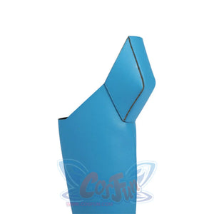 Invincible Mark Grayson cosplay boots centering the angled cuff design on a light blue matte PU leather boot top sleeve.